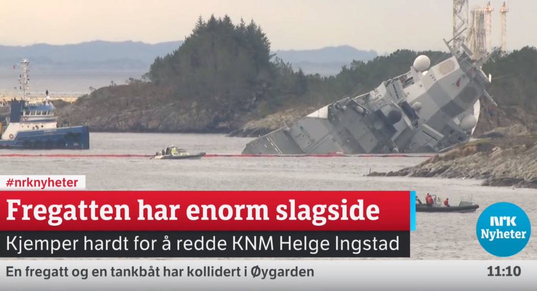 Φρεγάτα βύθισης (στιγμιότυπο οθόνης της κάλυψης ροής NRK στη διεύθυνση https://www.nrk.no/ NRK είναι η νορβηγική δημόσια ραδιοφωνική και τηλεοπτική εταιρεία ραδιοτηλεοπτικών εκπομπών)