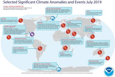 Um mapa anotado do mundo mostrando eventos climáticos notáveis que ocorreram em todo o mundo em julho de 2019. Fonte: NOAA