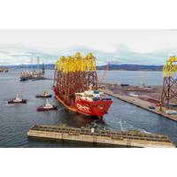 OHT’s MV Hawk arrives at the Port of Nigg, Scotland, with the final load of jacket foundations for Moray East from UEA. Image source: OHT