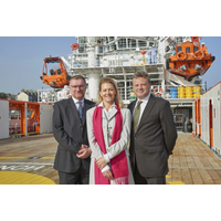 Celebrating the naming of Forties Sentinel are (left to right) Rory Deans, chief executive of Sentinel Marine, Ylva Tuft – the ship’s godmother – and Mervyn Williams, supply chain manager for INEOS Breagh. (Photo: Sentinel Marine)