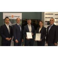 Corvus Energy proudly displays the MSA granted by DNV GL. Left to right: From DNV GL, Ham Kwang Nam, JSS Project Manager and Anders Mikkelsen, Director of Business Development; and from Corvus Energy, Brian Baker, Principal Engineer, Battery Safety & Regulation Compliance, Mariella Deltcheva, Plant Manager and Abbas Nouri Zenouz, QHSE Director.
