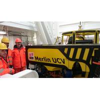 from left: Jan Furnes, (Norske Shell technical warehouse and workshop lead,)  Ben Pollard, (Managing Director, IKM Subsea) and Trond Bjørshol (Norske Shell Subsea Maintenance Lead with the Merlin UCV in ROV hangar on-board Siem Pride. (Photo: IKM)