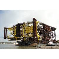 The jacket loaded onboard the Intermac 600 transportation and launch barge, ready for installation at Ayatsil-A. (Copyright McDermott International)