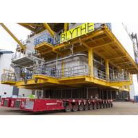 Mammoet reports it has executed its first operation, the transport of two topsides, using low-carbon HVO fuel in Mammoet’s SPMT powerpacks. Photo courtesy Mammoet
