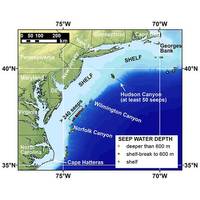 Map of the northern US Atlantic margin showing the locations of newly-discovered methane seeps mapped by researchers from Mississippi State University, the US Geological Survey, and other partners. None of the seeps shown here was known to researchers before 2012. (Credit: USGS)