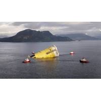 Photo of upending operation of the huge substructure for the Aasta Hansteen gas platform in Klosterfjorden near Haugesund.(Photo: Espen Rønnevik and Roar Lindefjeld/Statoil)