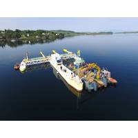 PLAT-I and the 15m Meercat workboat “Venetia” prior to disconnection from the mooring system during the demobilisation operation. Photo: ©SCHOTTEL HYDRO 