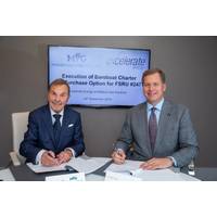 From left to right, MGM owner John Angelicoussis and Excelerate Managing Director and President Steven Kobos sign the agreement. Photo: Excelerate Energy