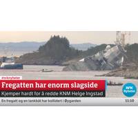 Sinking frigate (screenshot of NRK streaming coverage at https://www.nrk.no/. NRK is the Norwegian government-owned radio and television public broadcasting company)