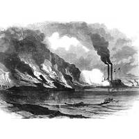 "The Union Gun-boat Essex (Commander Porter) Destroying the Rebel Iron-clad Ram Arkansas, in the Mississippi" Line engraving published in "Harper's Weekly," 1862. CSS Arkansas was run ashore and burned to prevent capture when her engines failed during this encounter with USS Essex, on August 6, 1862. (U.S. Naval Historical Center Photograph)