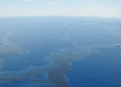 Two 210-foot and two 95-foot vessels conduct skimming operations, May 14, 2016, in response to a crude oil discharged from a segment of flow line at the Glider Field approximately 90 miles south of Timbalier Island, La. (U.S. Coast Guard photo: Marine Safety Unit Morgan City)