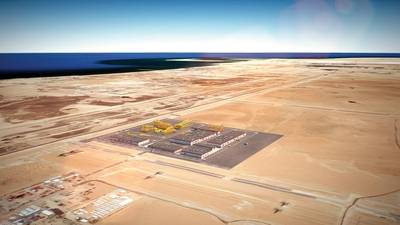 This artist rendition and those at the top of the page show what the facility — which will span 500,000 square meters — will look like. Image: Saudi Aramco