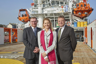 Celebrating the naming of Forties Sentinel are (left to right) Rory Deans, chief executive of Sentinel Marine, Ylva Tuft – the ship’s godmother – and Mervyn Williams, supply chain manager for INEOS Breagh. (Photo: Sentinel Marine)