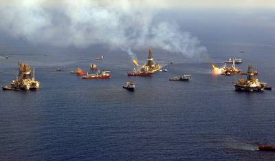 The Discoverer Enterprise, Q4000 and many other vessels work around the clock cleaning up the Deepwater Horizon oil spill in the Gulf of Mexico. (Photo: SGT Casey Ware, U.S. Army)