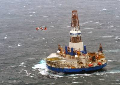 Drill barge Kulluk, used for oil exploration in the Arctic, drifted aground December 31, 2012. (U.S. Coast Guard photo by Jonathan Klingenberg)