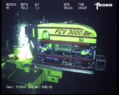     And FCV3000 ROV being monitored from another ROV during the spudding of a new well (photo courtesy of Fugro).