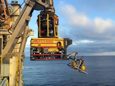 Fugro’s FCV4000 ROV recovers the ADCP deployed to monitor subsea currents at the Raya-1 field offshore Uruguay.   (Photo: Fugro)