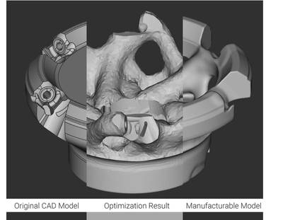 Image 2: This triple-image of a cutting tool shows stages of design optimization from original CAD model, to topology optimized result, to the final additively-manufacturable part. Designed in nTop Platform by nTopology partner Yamaichi Special Steel.