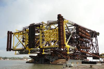 The jacket loaded onboard the Intermac 600 transportation and launch barge, ready for installation at Ayatsil-A. (Copyright McDermott International)