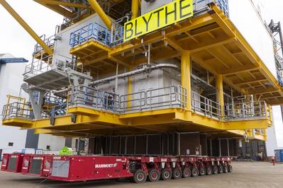 Mammoet reports it has executed its first operation, the transport of two topsides, using low-carbon HVO fuel in Mammoet’s SPMT powerpacks. Photo courtesy Mammoet