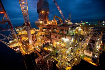 A night view of BP's Shah Deniz Platform located in the Caspian sea, off the coast of Azerbaijan / Credit: BP