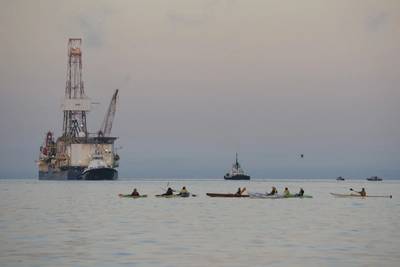 Noble Discoverer transits Puget Sound after its departure from the Port of Everett, Wash., June 30. Noble Discoverer was the last of three oil drilling and support vessels to depart western Washington for the Arctic this summer. (USCG photo by Amanda Norcross)