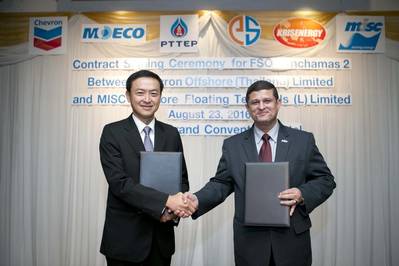 Pairoj Kaweeyanun, President of Chevron Offshore Thailand, Ltd., and Tuan Syed Hashim Syed Abdullah, Vice President Offshore Business of MISC Berhad, after the signing of agreement between Chevron Offshore (Thailand) Ltd. and MISC Offshore Floating Terminals (L) Limited. (Photo: MISC Berhad)