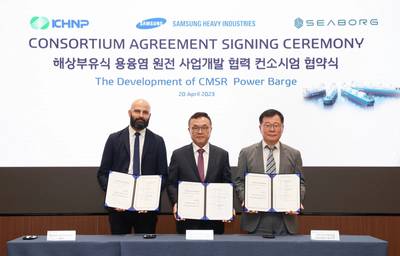 (From right to left) Jintaek Jeong, CEO of SHI, Jooho Whang, CEO of KHNP, Navid Samandari, CEO of Seaborg have signed consortium agreement.
Image courtesy Samsung Heavy Industries