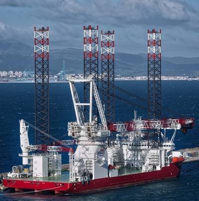 Seajacks Scylla, the largest and most advanced windfarm installation jack-up ever built. (Photo: Gibdock)