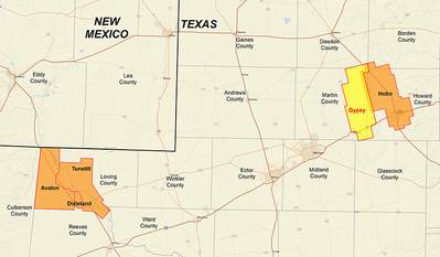 Map showing locations of CGG's Avalon, Tunstill, Hobo, Dixieland and Gypsy multi-client surveys in the Permian Basin. (Image: CGG)