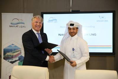 Sveinung J.S. Støhle, President and CEO of Höegh LNG & Nakilat’s Managing Director Eng. Abdullah Al-Sulaiti. Photo: Nakilat