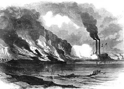 "The Union Gun-boat Essex (Commander Porter) Destroying the Rebel Iron-clad Ram Arkansas, in the Mississippi" Line engraving published in "Harper's Weekly," 1862. CSS Arkansas was run ashore and burned to prevent capture when her engines failed during this encounter with USS Essex, on August 6, 1862. (U.S. Naval Historical Center Photograph)