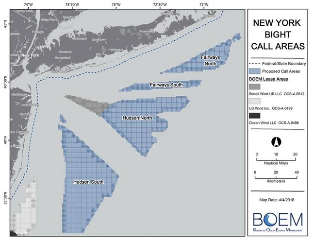 New York Bight call areas.  "Call" is a short-hand term referring to calls for proposals or calls for interest in an area. (Image: BOEM)