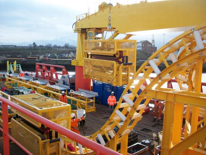 Ecosse Subsea Systems prepare cable laying equipment for mobilization onboard the Atlantic Carrier.