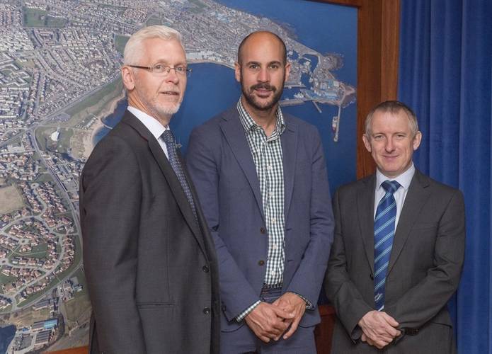 Adam Ezzamel, Vattenfall’s project director for the EOWDC (center); with Peterhead Port Authority’s chief executive, Ian Laidlaw (left); and deputy chief executive Stephen Paterson (right). (Photo: Peterhead Port Authority)