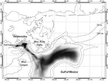 Dr. Jason Jolliff used surface oil estimates following the Deepwater Horizon blowout to forecast where oil would first hit shorelines 96 hours later, on May 14,2010. "If you're going to do forecasting," he says, "you have to get the ocean circulation correct. It's fundamental to all else." The protruding Mississippi River Delta mixed offshore oil into coastal currents. The underwater Mississippi Canyon helped funnel oil toward Barataria Bay. (Image: Jason Joliff; labels superimposed)