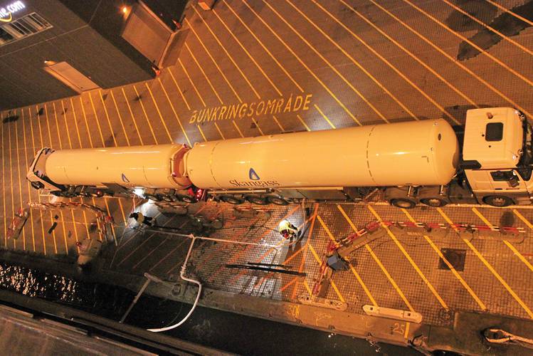 LNG-bunker procedure by trucks during embarkation of  passengers in Hirtshals.