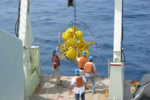 Ocean engineers used this bottom-resting instrument system for their research. (Photo: Tim Duda/WHOI)