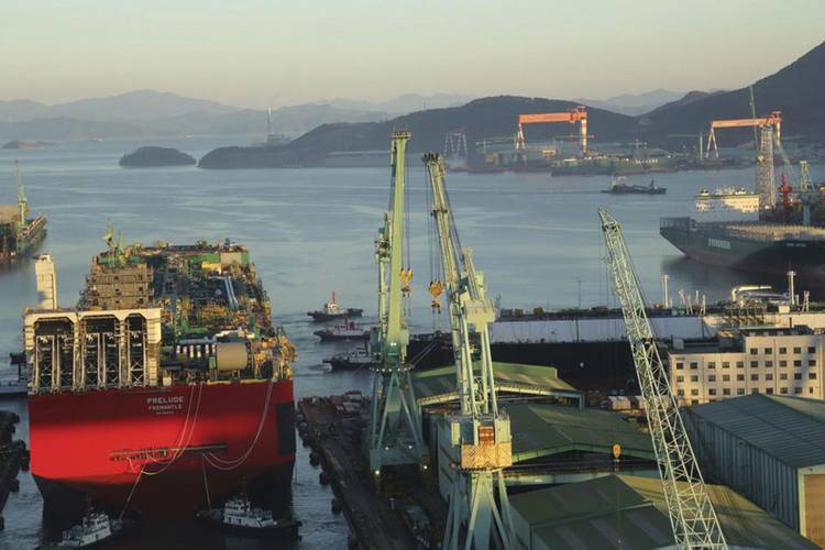 The 488-m hull of Shell’s Prelude FLNG plant floating out of the dry dock at Samsung Heavy Industries. Royal Dutch Shell