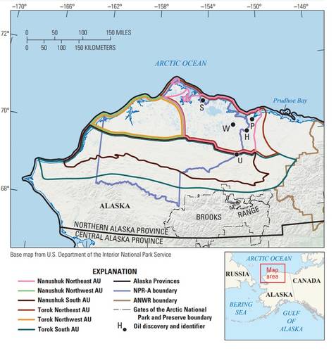 This map shows the assessment units of the USGS assessment of the National Petroleum Reserve-Alaska and adjacent state and Tribal lands and waters. (Image: USGS)